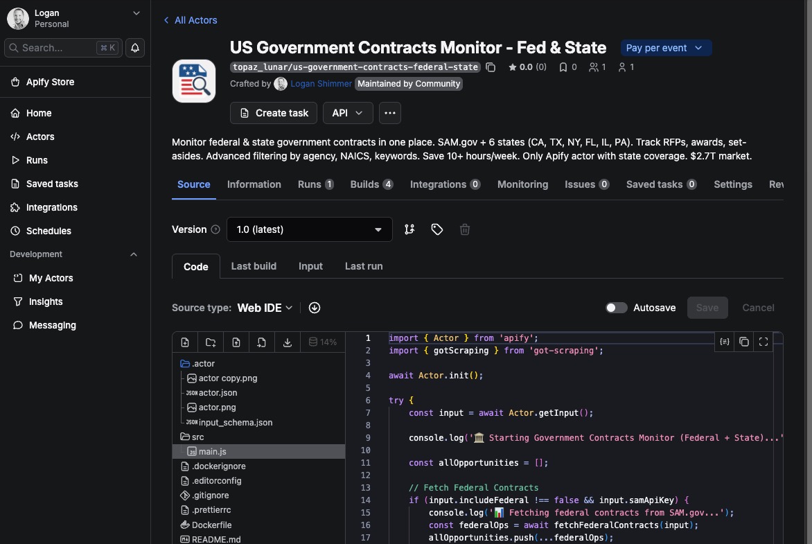 Apify Government Contracts Monitor - Screenshot
